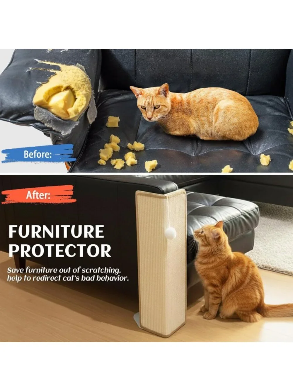 Under-Furniture Cat Scratcher - 23.6'' Sisal Post & Sofa Protector with Toy Ball